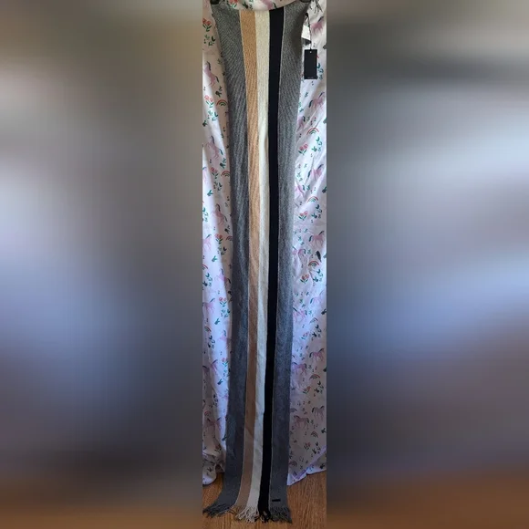 NWT Boss Tan & Grey Stripe Wool Neutral Causal Unisex Preppy Winter Scarf Wrap - Picture 4 of 11